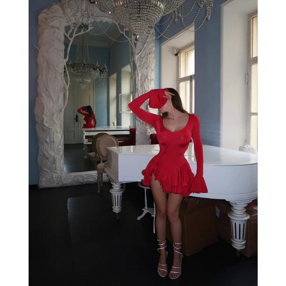 Женское облегающее мини-платье А-силуэта с оборками по подолу и V-образным вырезом, асимметричные пуговицы, длинное рукава, короткое платье, наряды для вечеринок и улиц