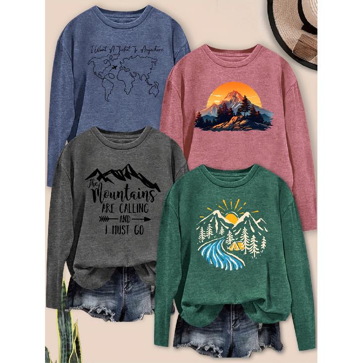 Elegant women's long-sleeve top with beautiful scenery and letter combination pattern print, round neck, suitable for spring, summer, autumn, and