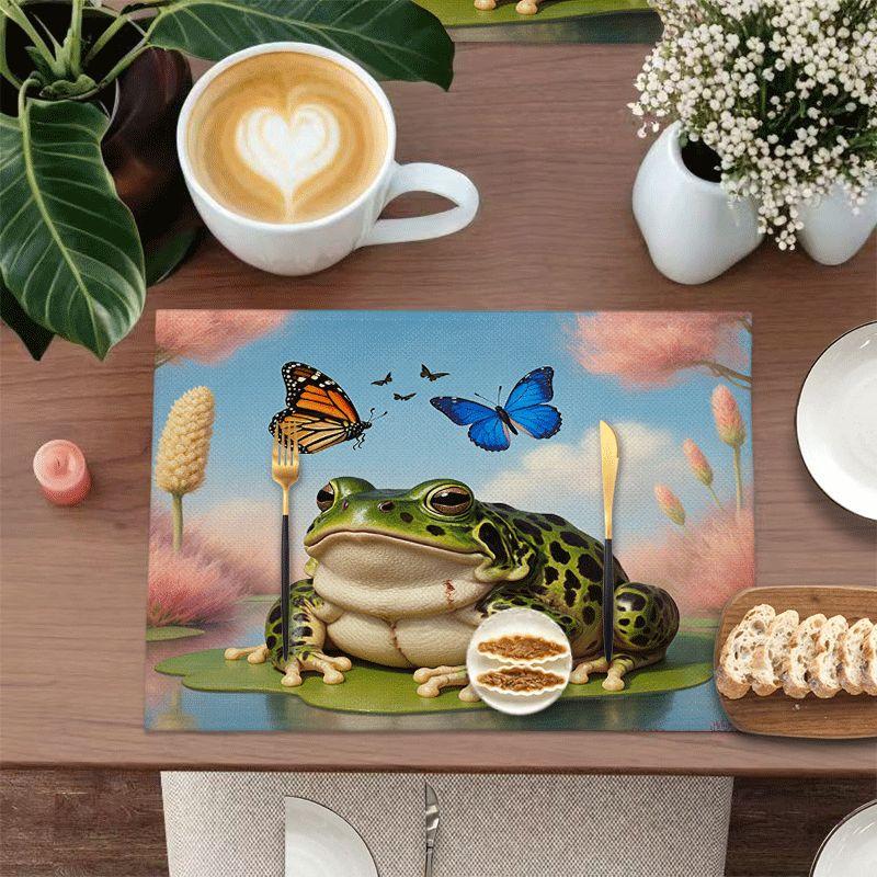 4/6pcs Rectangular Placemats - 12X18 Inch Frog Lily Pad Printed Table Mats with 2D Element Pattern Design, Durable Washable Polyester Table Runners