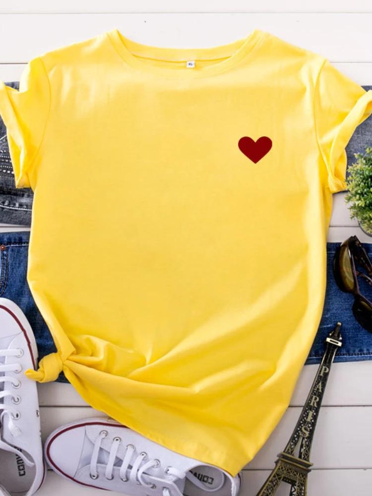 На груди маленькая красная сердечко принт футболка женская короткий рукав O-образный вырез свободная футболка летняя женская футболка топы Camisetas Mujer