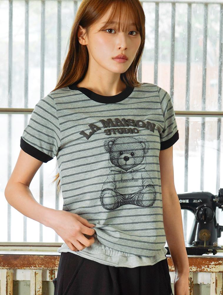 LA MAISON STUDIO Maison Bear Friends Полосатая футболка с коротким рукавом Black(Fcg2Ts763W)