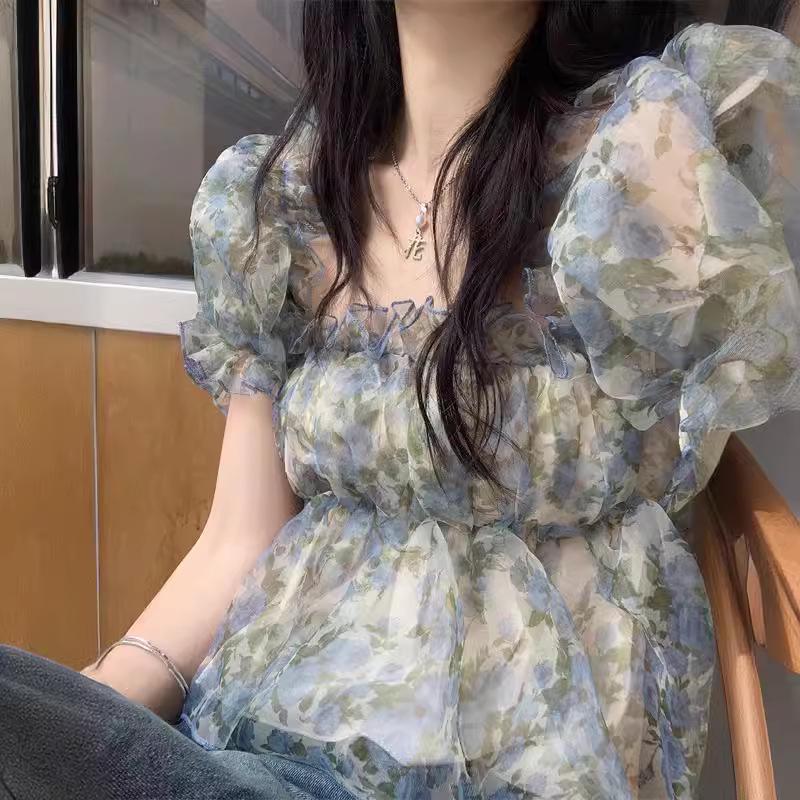 Women's Off-Shoulder Floral Puff Sleeve Summer Top