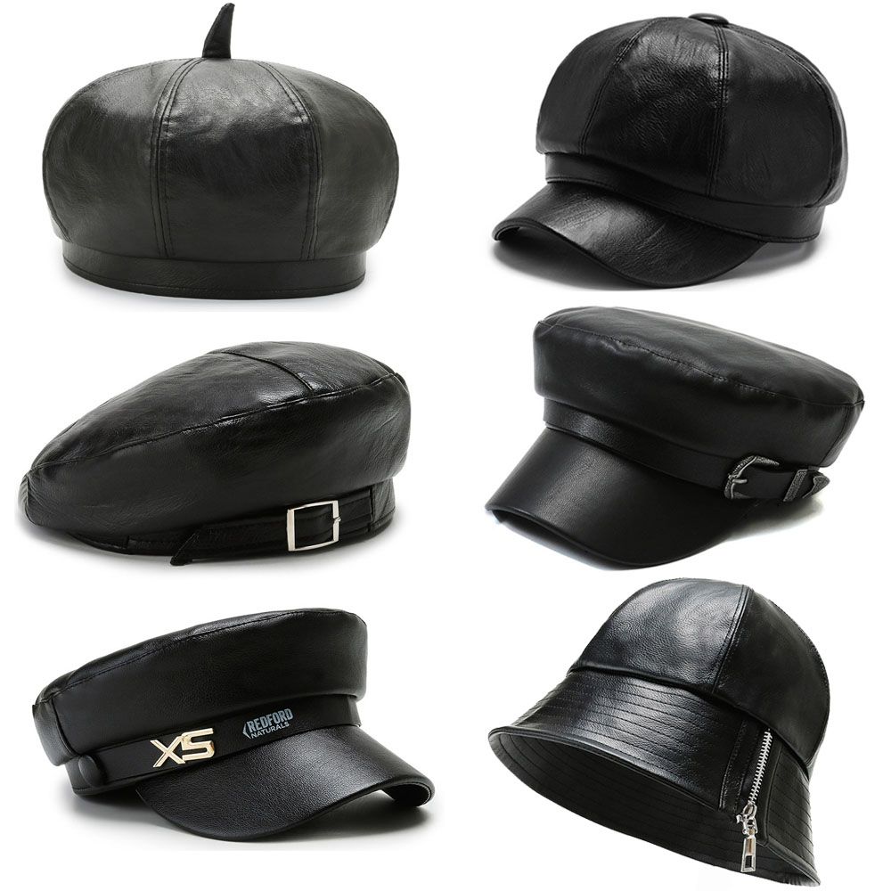 PU Leather Beret Hat Black Color Painter Hat Versatile Octagonal Cap Outdoor Casual