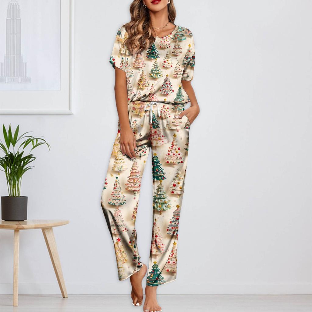 Женский шелковый атласный пижамный комплект с рождественским принтом, рубашка с коротким рукавом и длинные пижамные штаны, мягкая домашняя одежда