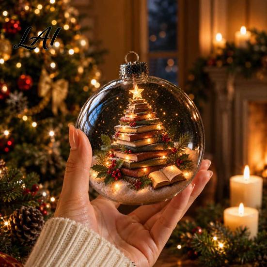 Transparent Christmas Spheres Light Up Ball Ornaments Santa/Angel/Granny Reading Book Hanging Decoration Glowing Thoughtful Holiday Souvenirs Clear