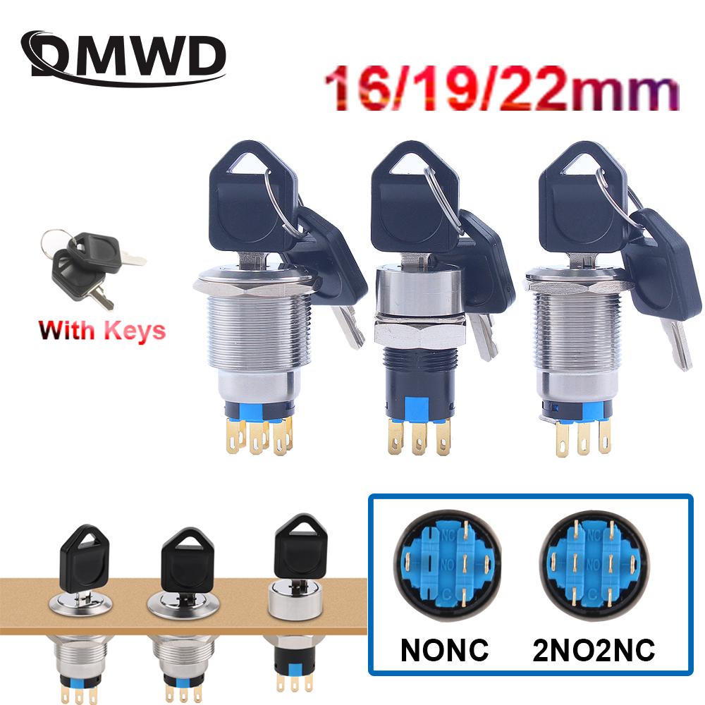 2/3 Positions Rotary Buttons 16/19/22mm Metal Brass Chrome Key Push Selector Switch 2NO2NC Press Without LED 2 keys