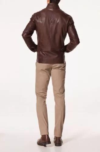 Коричневая мужская куртка из натуральной овчины, праздничная, ручной работы, байкерская, мотоциклетная