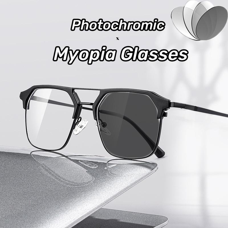 Новые металлические двухлучевые очки для близорукости с анти-синим светом, фотохромные короткие смотровые очки, сверхлегкие очки для близорукости с большой оправой