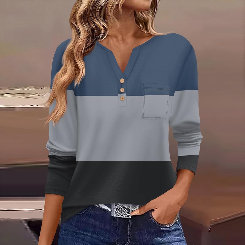 Женская футболка с длинным рукавом на пуговицах, повседневная, выходного дня, модная, базовая, с V-образным вырезом, обычная, с карманом