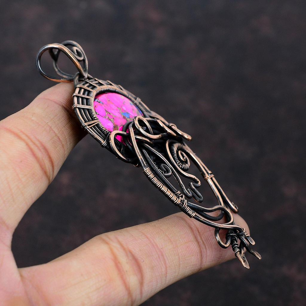 Натуральный Кингман Розовая Далия Бирюза Подвеска Медная проволока Обмотанные украшения Ручной работы Подвеска с драгоценным камнем Медная подвеска Подарок для мамы Подвеска из проволоки