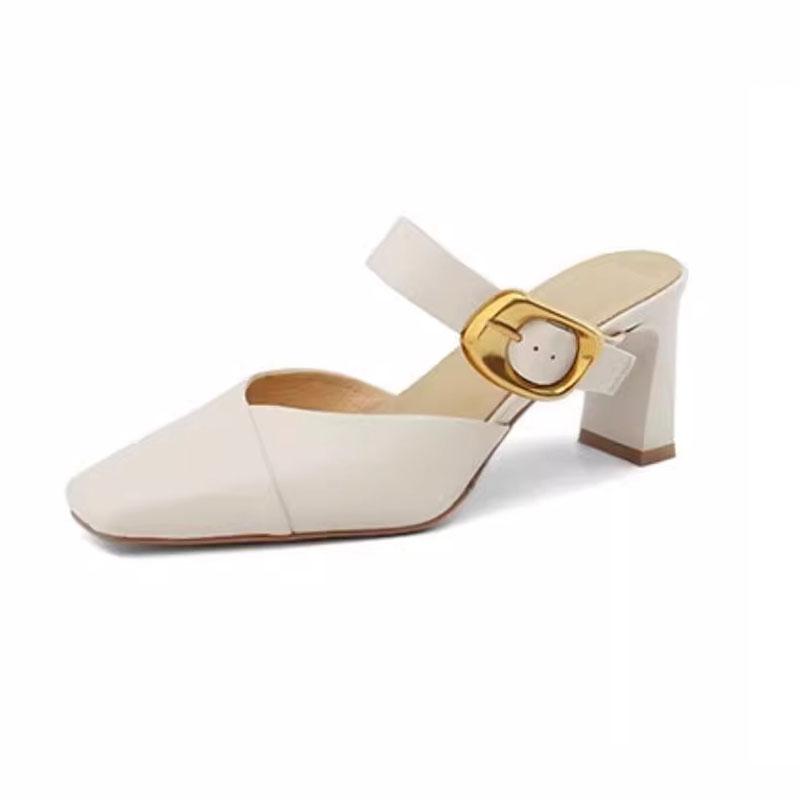 Празднуйте Baotou Сандалии Шлепанцы Лето Новые Повседневные Для улицы Кожа На высоком каблуке Однотонные Мюли Полусабо для женщин