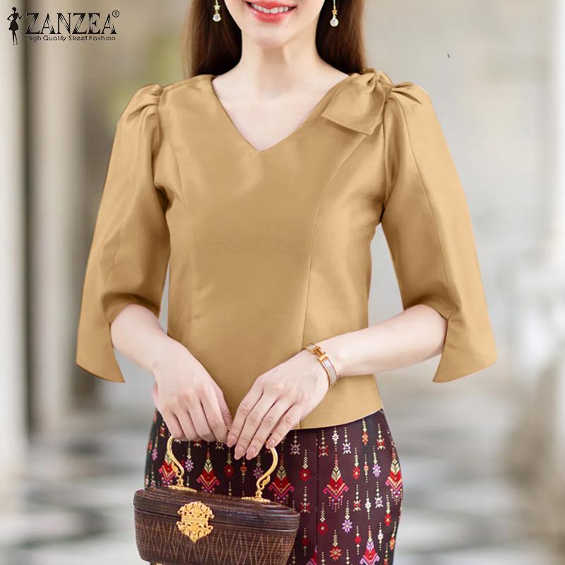 ZANZEA Женская летняя свободная повседневная блузка с V-образным вырезом и рукавом 3/4