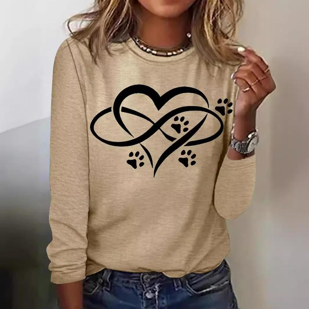 Round Neck 3D Printed Love Cat Footprint Pattern Top Fashionable Casual Long Sleeved Women's T-shirts