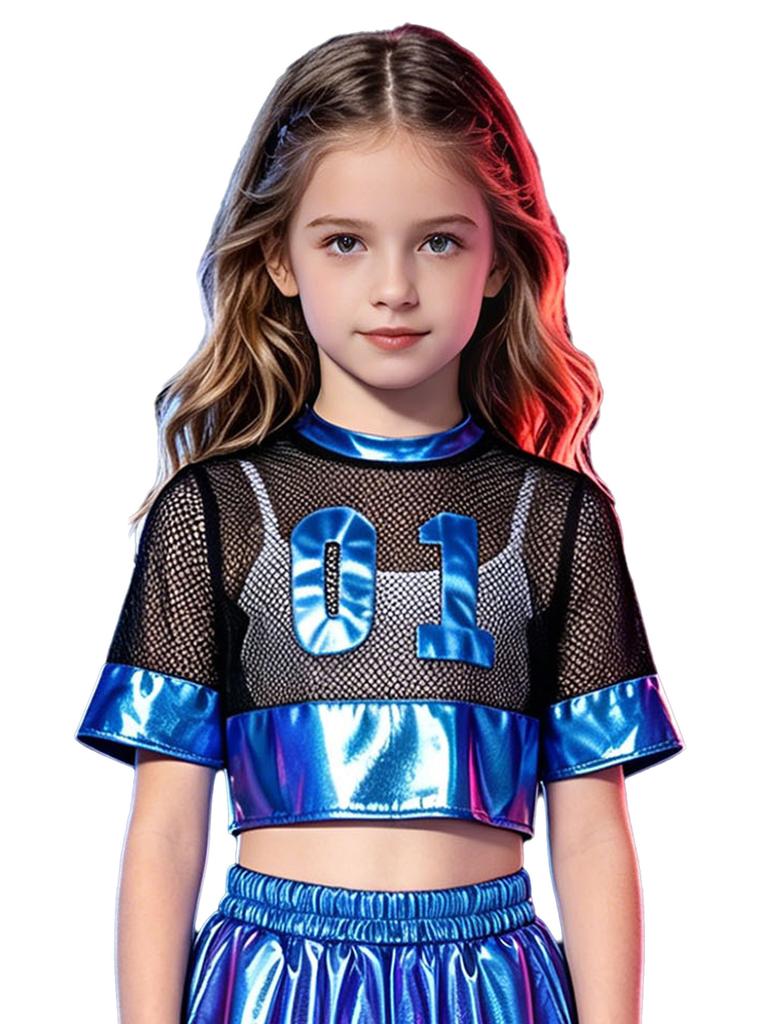 Girls Hollow Out Mesh Patchwork Metallic Crop Top Short Sleeve Number Graphic T-Shirt Hip Hop Dance