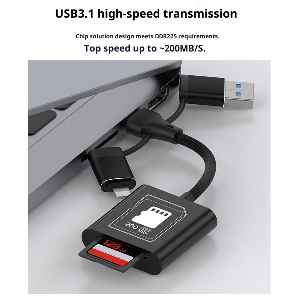 TYS-205 Адаптер-кардридер iP/Type-C/USB на SD/TF, Высокоскоростной, Два слота, V30, USB 3.0 для передачи данных/резервного копирования фото, Совместим с iOS/Android/MAC