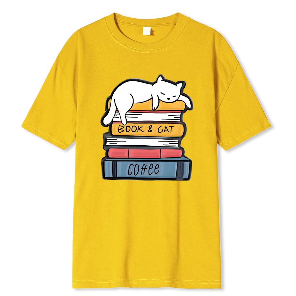 White Cat Sleeping On A Pile Of Books Print Clothing Men High Quality T-Shirt Summer Cotton T-Shirts Loose Tops