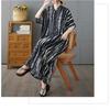 Black Striped Women's Cotton Short Sleeved Long Loose Casual Dress