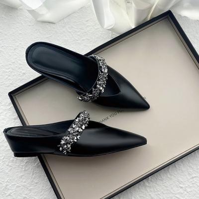 Версия из овчины ~ такие же односложные тапочки Чжао Рут со стразами в виде сумки на голове, женские ретро летние полутапочки с толстым дном и острым носком