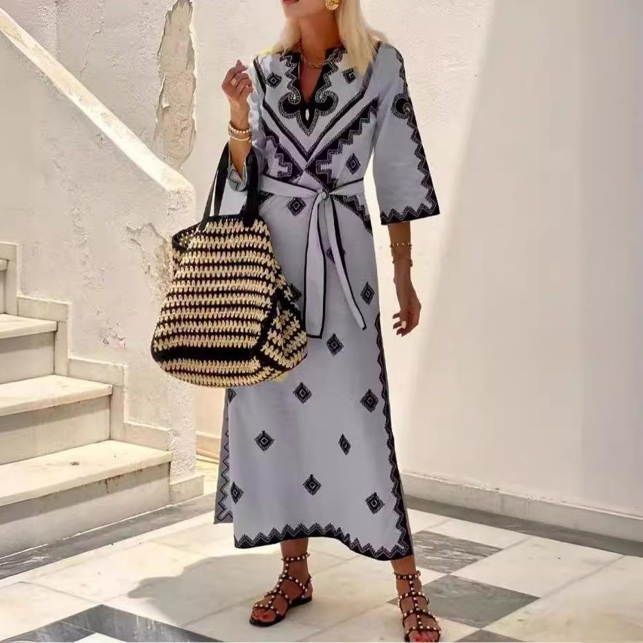 IHUASU Платье в стиле бохо из конопли с принтом и поясом для женщин на осень-зиму