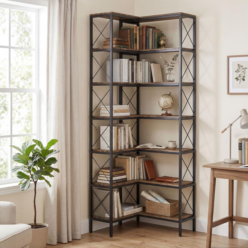 6-Tier L-Shaped Bookshelf, Freestanding Corner Bookcase with Metal Frame, Rustic Brown