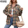Женская мода повседневная весна-осень клетчатый принт длинный рукав воротник поло блузки и рубашки
