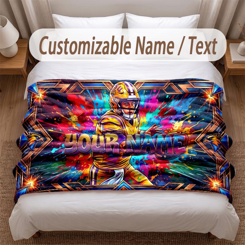 American Football Theme Soft Blanket Personalized Custom Name Text Print Warm Blanket Home Sofa Bedroom Decor