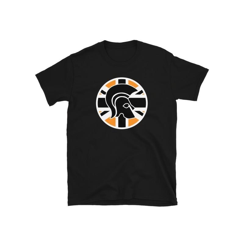 Men's Trojan Reggae & Jamaican Ska Music T-Shirt - Retro Union Jack with Trojan Logo & Spartan Helmet Print, Crab Records & Blue Cat Design - Relaxed