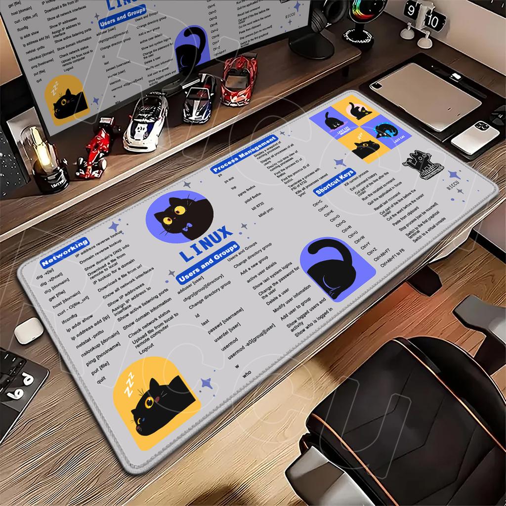 Linux Commands Line Programmer Shortcuts Mouse Pads MultiSize Rubber Nonslip Office Desk Mat Kawaii Cartoon Black Cat Keyboard