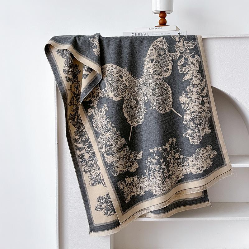 Butterfly Insect Print Style Fashionable And Elegant Women'S Imitation Cashmere Warm Scarf Large Shawl