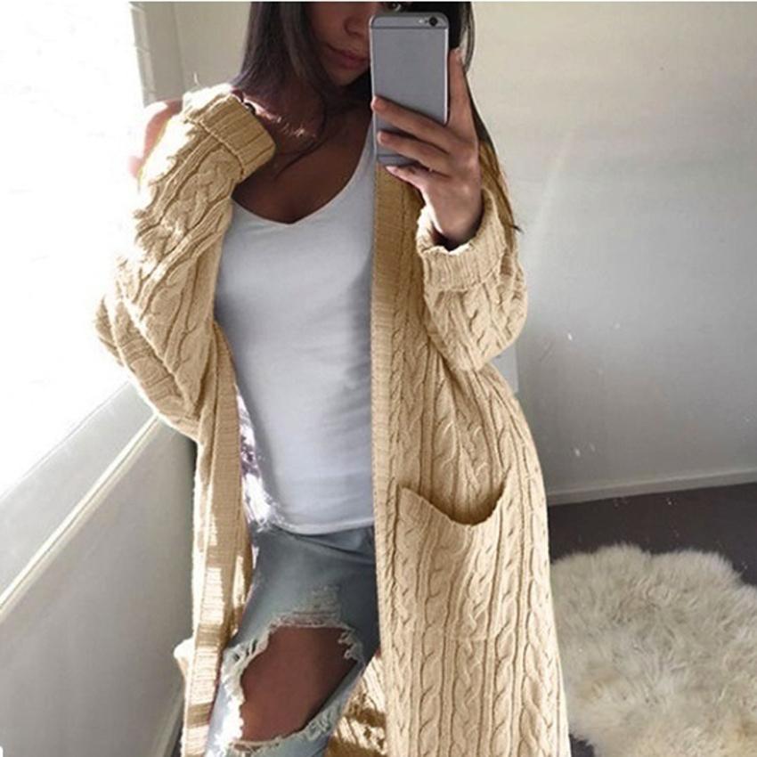 Женская мода повседневная карман вязаный свитер с длинным рукавом кардиган пальто