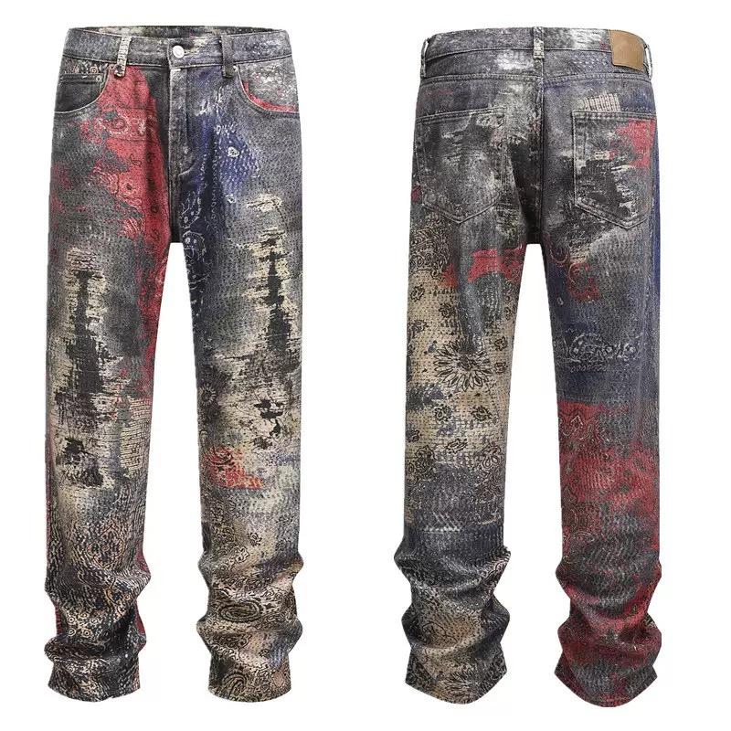 High Street прямые потертые грязные рваные синие джинсы брюки для мужчин винтажные повседневные свободные джинсовые брюки потертые лоскутные брюки-карго
