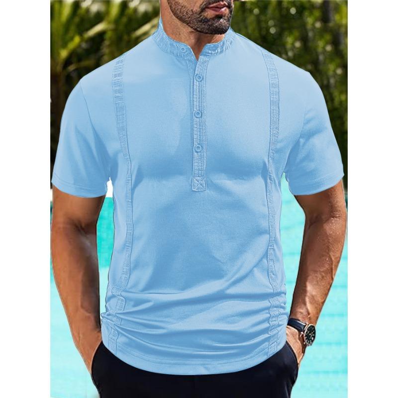 Men Stand Collar Button Placket Short Sleeve Henley T Shirt Slim Fit Casual Top