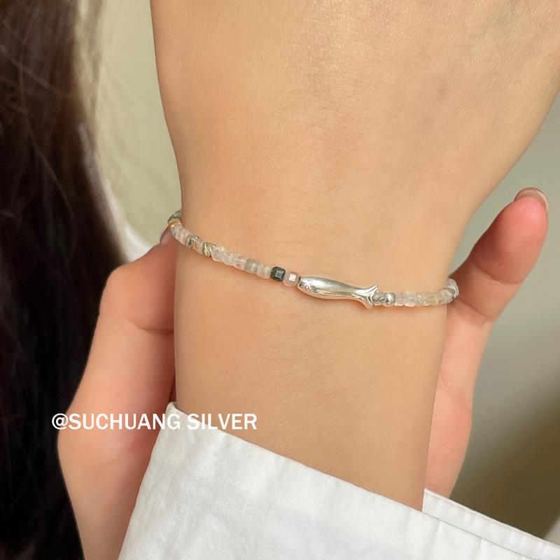 Su Chuang Sterling Silver Amethyst Fish Pendant Bracelet: High-End Light Luxury Retro Jewelry for Women