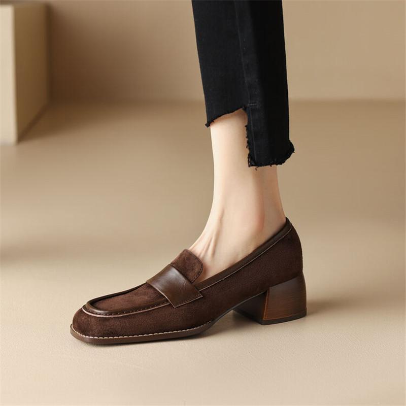 Fashion New Autumn Winter Sheep Suede Women Pumps Shoes for Women French Square Toe Loafers Zapatos Mujer Chunky Heels Ladies Shoes