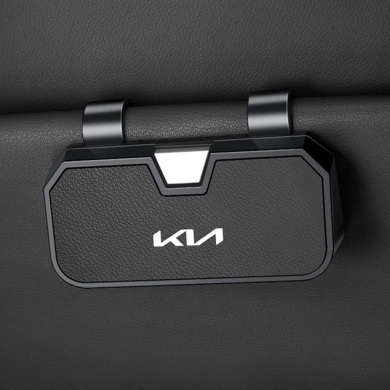 OUXU2 Car Emblem Visor Glasses Case Goatskin Sunglasses Holder Organizer Clip for Kia Sportage Sorento K5 K3 Seltos Rio Carnival Ceed
