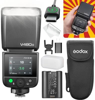 Вспышка Godox V480N TTL для камеры, совместимая с Nikon TTL, Автоматическая, Сенсорный экран, Цветная, 650 полных вспышек, Инструкция, Литий-ионный аккумулятор, Сенсорный экран, V480-N,