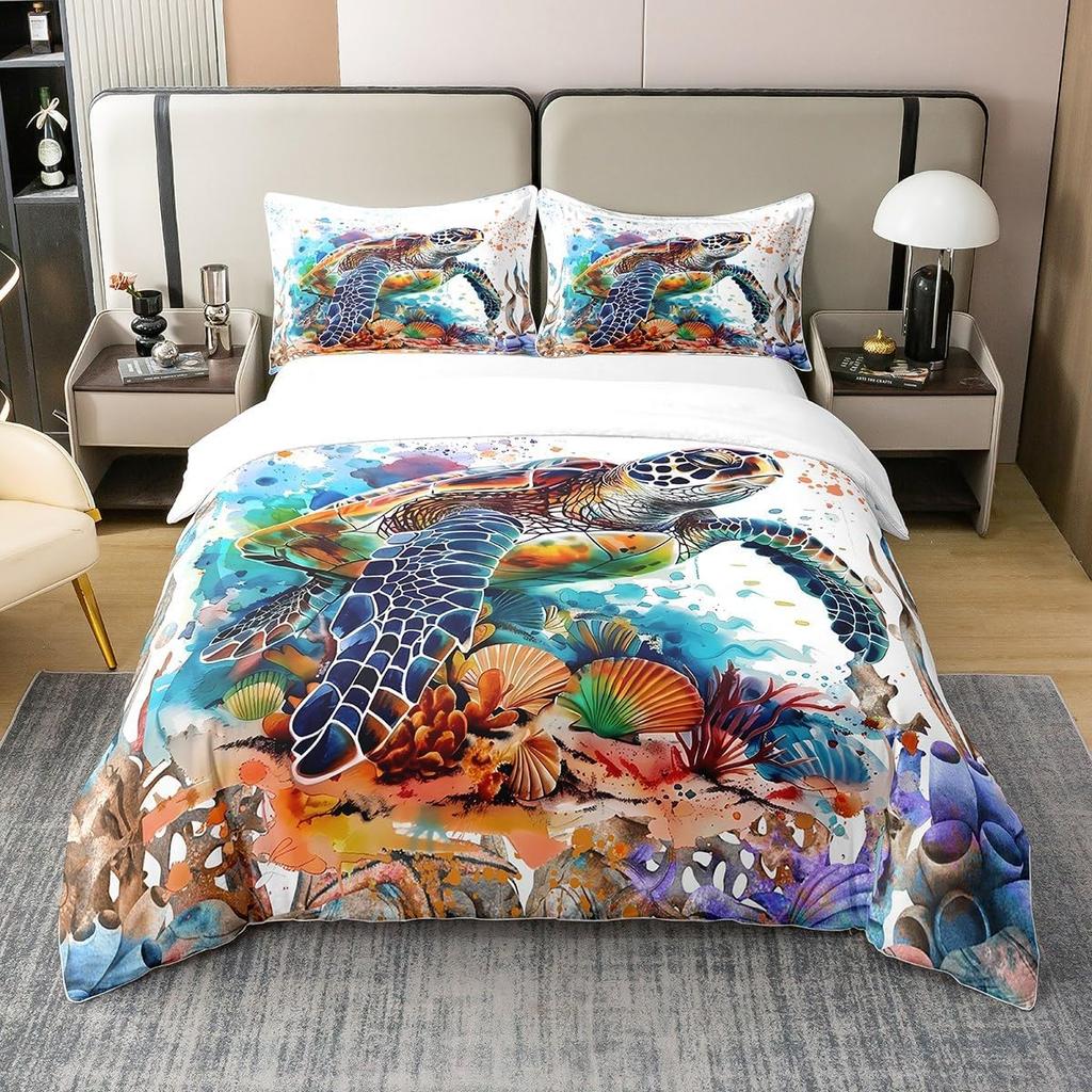 Kids Sea Turtle Duvet Cover Set Queen King Size Ocean Bedding Set Boys Girls Teens Women Men Bedroom Decor 3 Piece Set