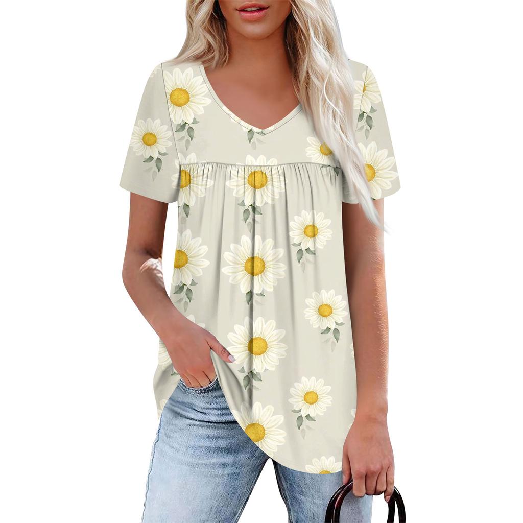 Women's Casual V-Neck Short Sleeve Chest Ruffle Printed Top