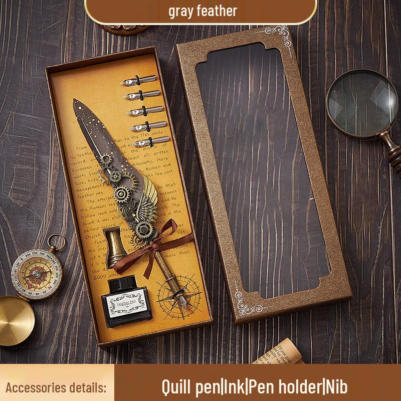 European Steampunk Quill and Ink Set with Wax Seal - Retro Fountain Pen Gift Box for Birthdays