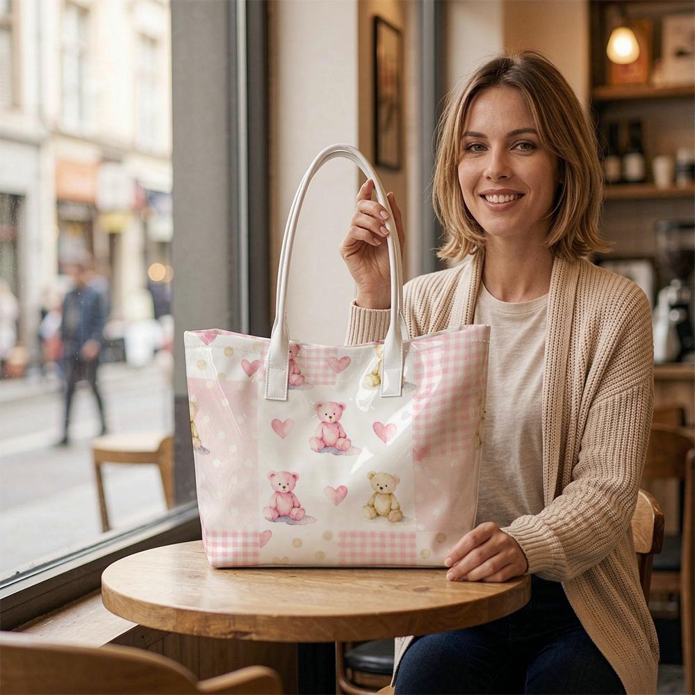 Cute Bear Print Tote Bag Sweet Heart Pattern Shoulder Bag for Daily Use