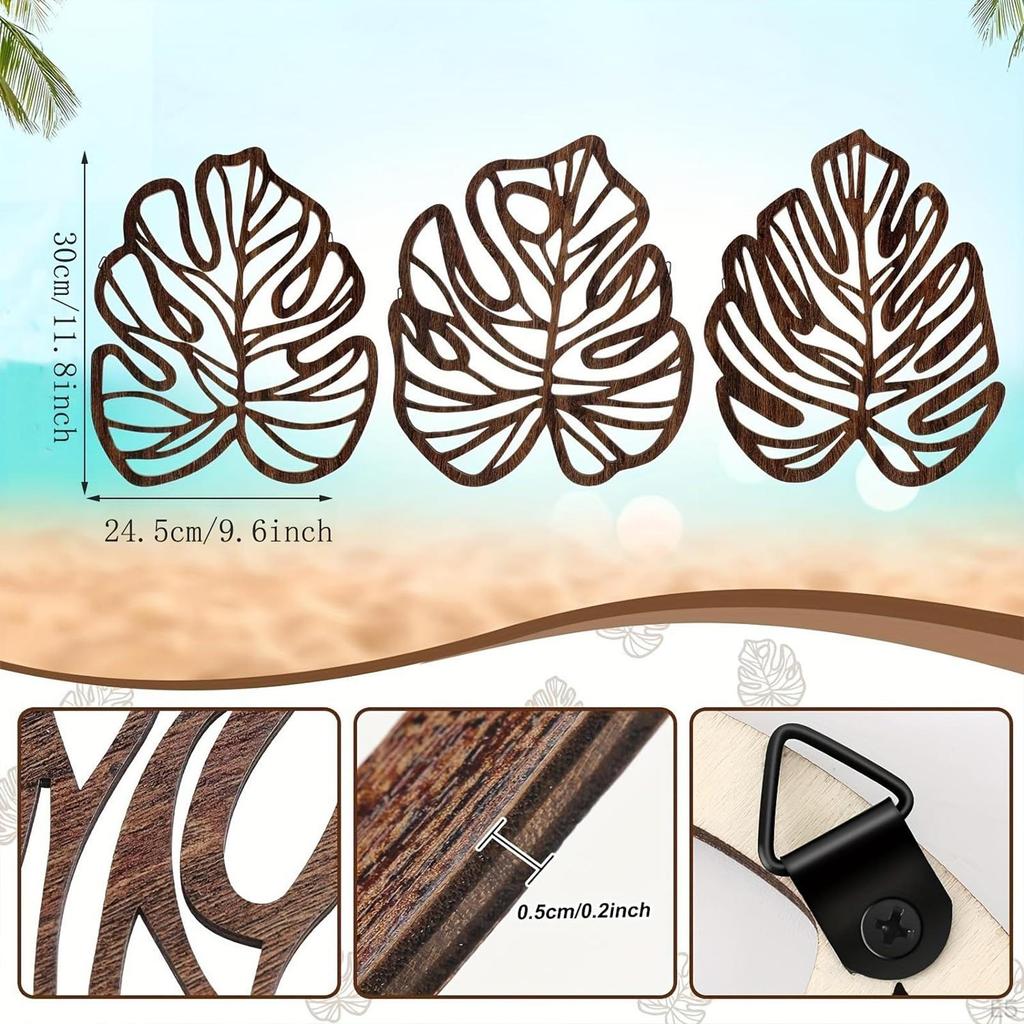 3 Pieces Palm Leaves Wood Art for Living Room And Garden