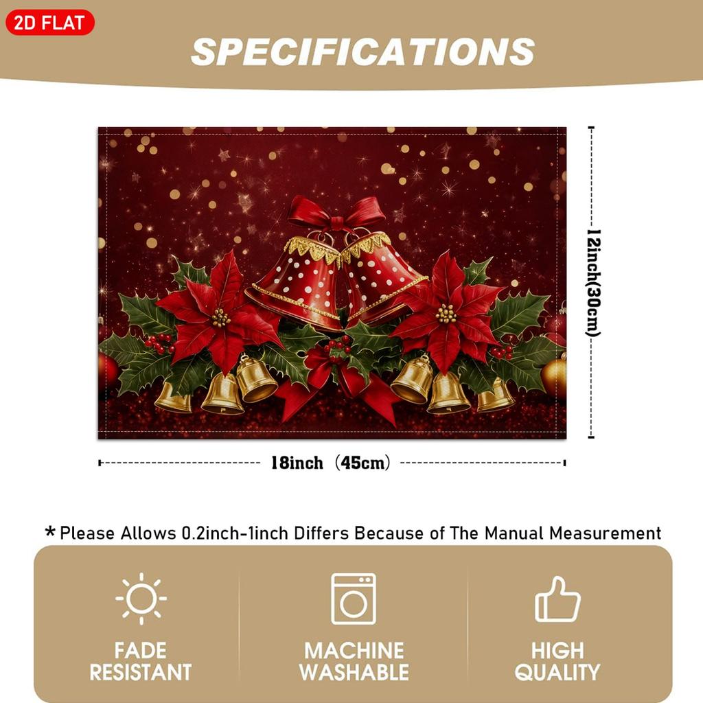 4/6pcs, Christmas Themed Placemats, Red Background with Golden Bells, Poinsettia Flowers, Green Holly Leaves And Golden Star Patterns, Suitable for Ho