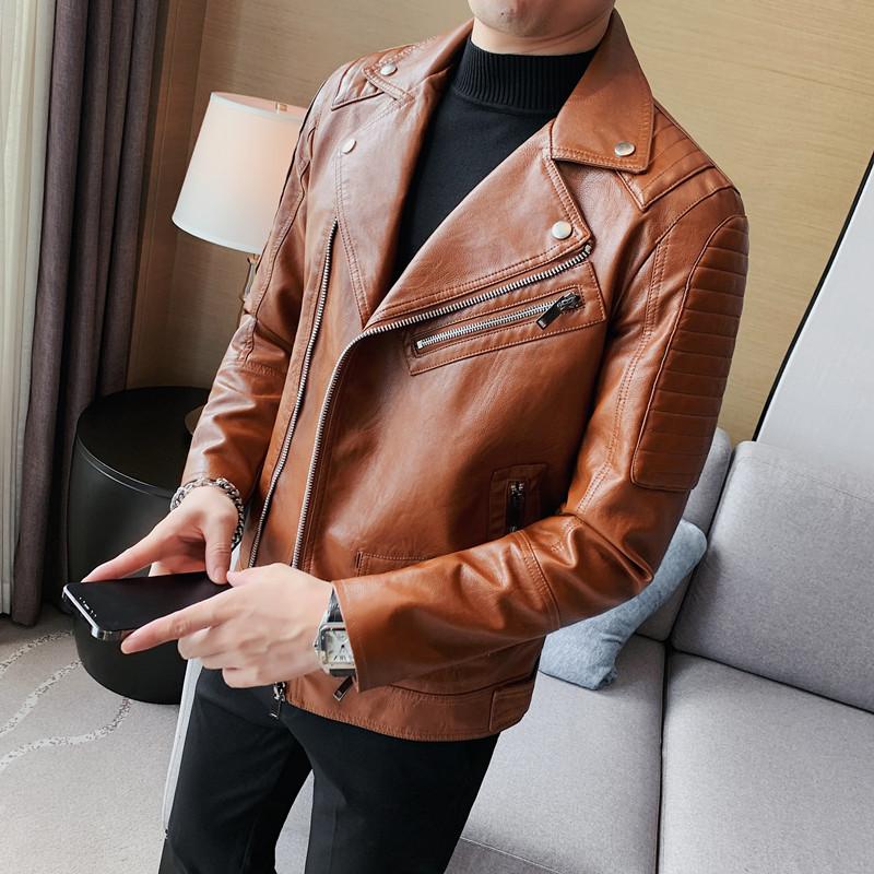 Осенние мужские модные кожаные кожаные куртки, мужские зимние мотоциклетные куртки из искусственной кожи, мужские повседневные облегающие мужские куртки с отложным воротником