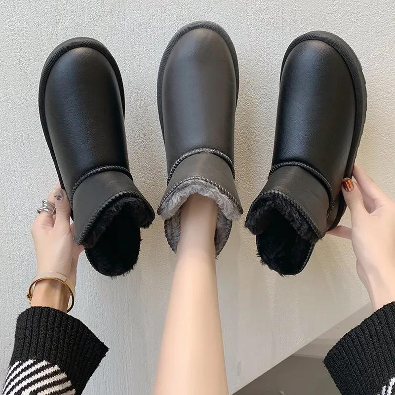 Модные зимние теплые ботинки для снега с бархатной кожаной отделкой, средний верх, водонепроницаемые, толстые, противоскользящие, большие размеры для мужчин и женщин