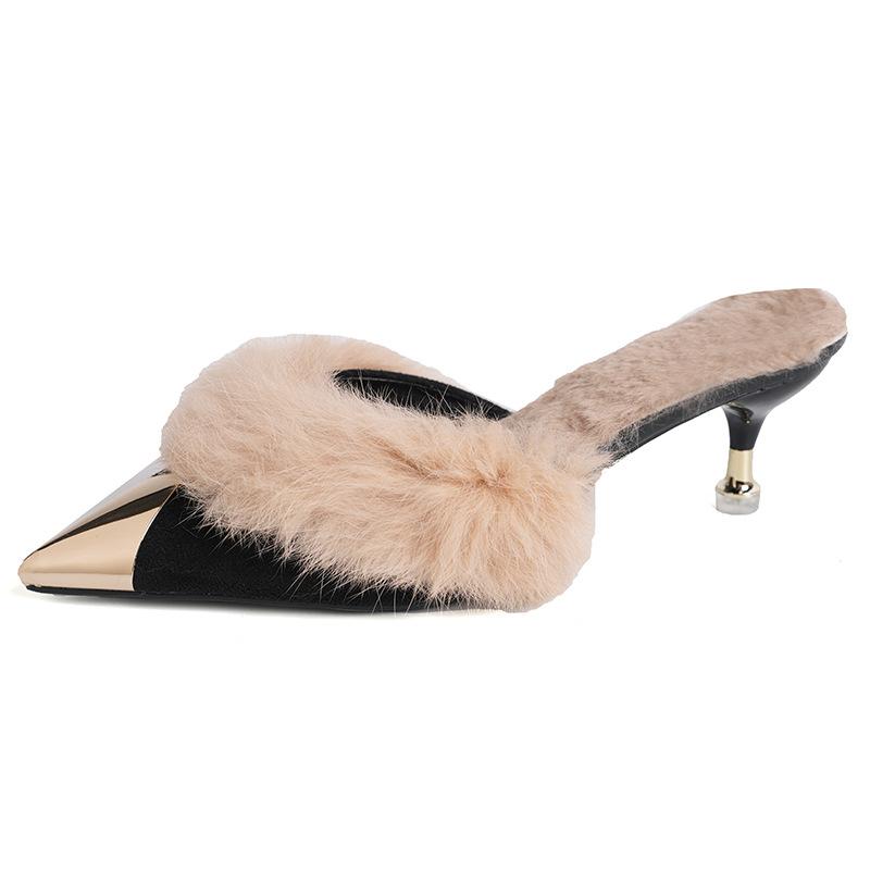 Осень и зима новая корейская версия остроносый низкий каблук сумка голова плюшевые женские классные тапочки знаменитости интернет мода домашняя одежда тапочки женские