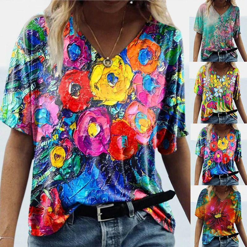 Summer Casual T Shirt With Floral Print And V Neck For Women
