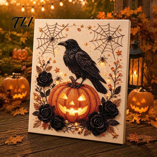 Reusable Seasonal Wall Decoration Halloween Faux Pearl Art Kit, Crow Pumpkin Painting DIY 7.87 x Stress Relief Project for Home Inch Cute
