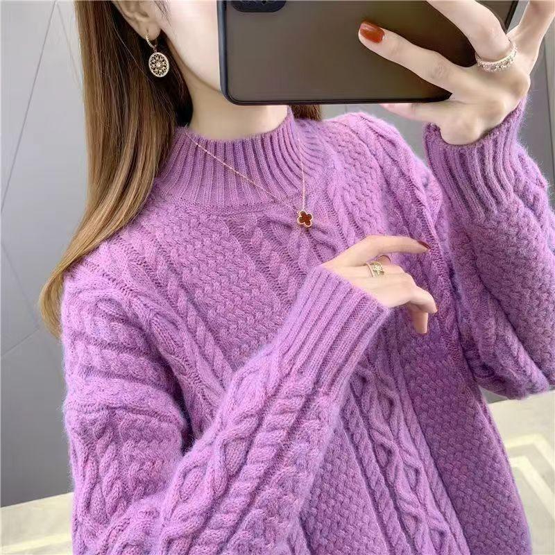 Свитер с полувысоким воротником Fried Dough Twists для женского трикотажа на осень и зиму, свободное верхнее пальто, утолщенное нижнее пальто