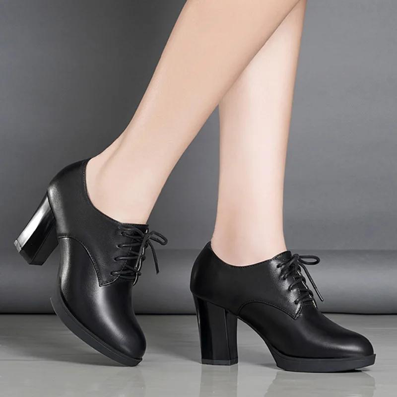 Женские туфли на высоком каблуке, рабочая обувь на платформе, черные, женские, нарядные, весна-осень, круглый носок, толстый каблук, большой размер 43, повседневные туфли-лодочки