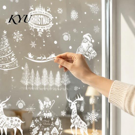 Winter Atmosphere Window Art 6Pcs Christmas Clings, Retro White Line Static Glass Sticker for Holiday Elk Sleigh Stickers Decoration, Reusable